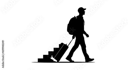 Silhouette of a person with backpack and suitcase walking down stairs