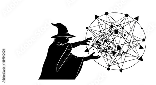 Wizard casting a spell with a geometric energy orb