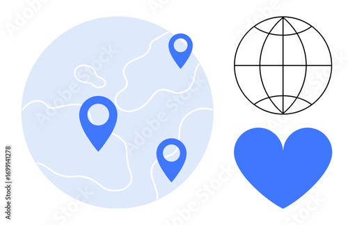 Globe with blue map markers, grid globe representing worldwide connection, large heart symbolizing love. Ideal for navigation, global community, geography, travel, connectivity, relationships simple