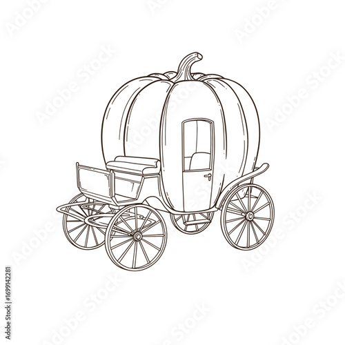 Pumpkin carriage, hand-drawn fairytale sketch illustration on transparent background, vintage fantasy vehicle concept, Cinderella story icon, whimsical magic transport
