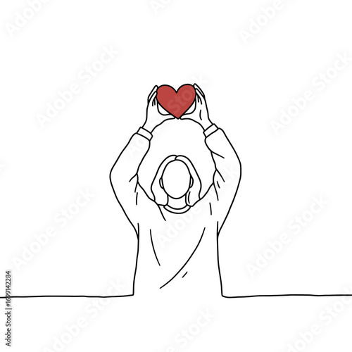 Raised arms with heart, emotional sketch style illustration on transparent background, love and gratitude concept, hope or praise gesture, minimalist line drawing