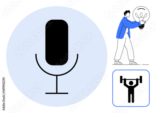 Large central microphone icon, man holding bright light bulb, and weightlifter icon illustrating communication, creativity, innovation, strength, technology, motivation and productivity. Simple flat