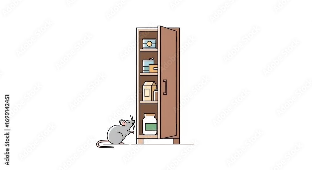 Fototapeta premium Gray mouse looking into an open pantry cabinet with food. Pest problem and rodent control concept for home protection.