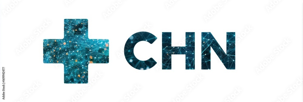 Obraz premium Health technology logo featuring a cross symbol and letters CHN connected by digital patterns and lights