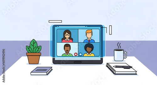Online meeting vector with colleagues on tablet flat style illustration