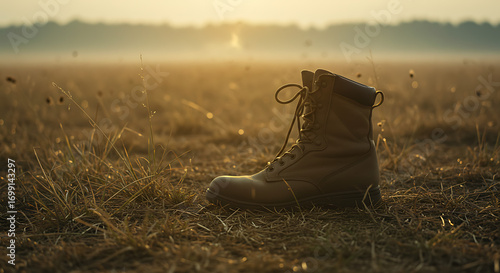 A single worn military boot rests in a dry grassy field at sunrise.
