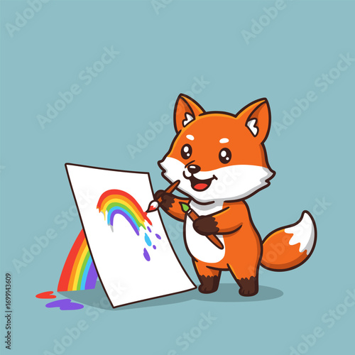 A joyful cartoon fox paints a vibrant rainbow on a large canvas, with colors spilling playfully onto the floor. Set against a light blue background, the scene bursts with creativity and charm.