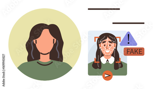 Womans face on the left side, automated analysis on the right alert issues fake detection. Ideal for cybersecurity, AI ethics, fraud prevention, identity validation, data privacy, technology
