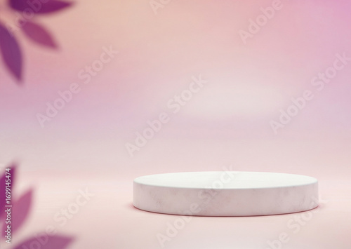 A clean white product podium in a soft pastel pink studio background.