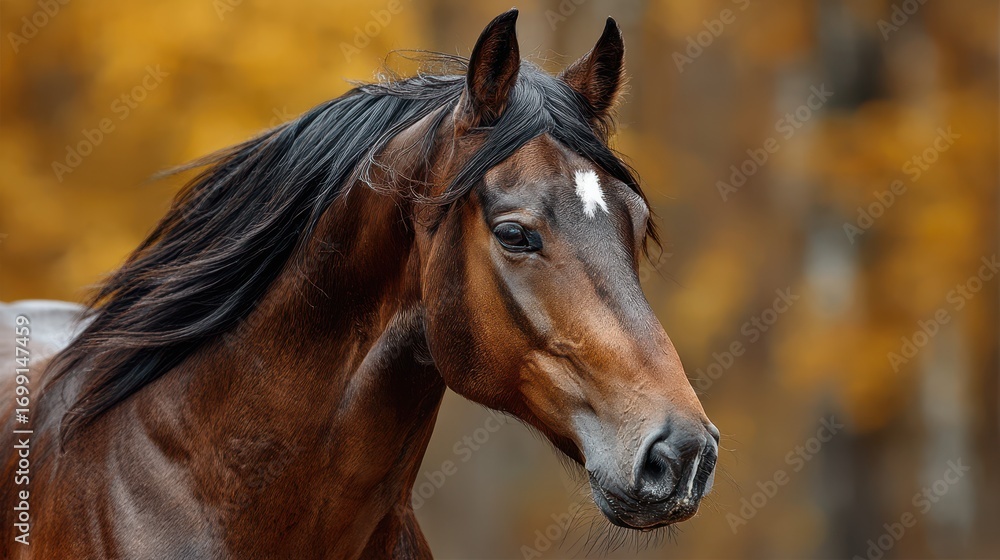 Fototapeta premium Majestic brown horse standing gracefully against a backdrop of autumn trees and golden leaves in a serene countryside landscape