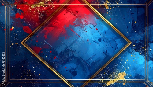 Textured blue and red background with a golden diamond frame, and splatters of gold across the image
