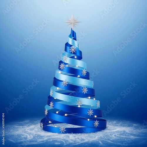 Blue ribbon christmas tree with silver ornaments and snowflakes on blue background