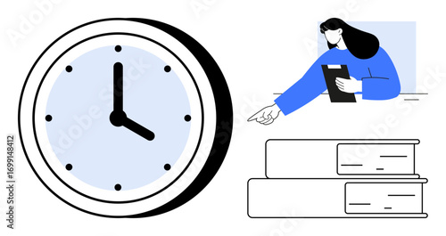 Clock showing time, woman holding clipboard gesturing towards books. Ideal for time management, task planning, education, work organization, productivity, team collaboration, simple landing page