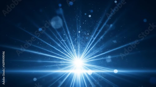 An abstract background of blue light rays and particles as a cinematic seamless loop. A glowing starburst with a lens flare on a reflective stage. An elegant motion graphic for an awards ceremony.
