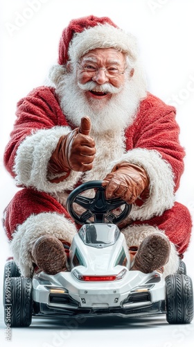 Santa Claus drives a go-kart with a cheerful expression, showcasing joy and fun during the holiday season