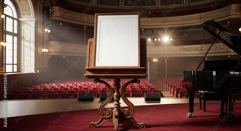 Obraz premium An empty white sheet music stand sits center stage in a grand concert hall. A black grand piano is visible to the right, with rows of red velvet seats filling the background.