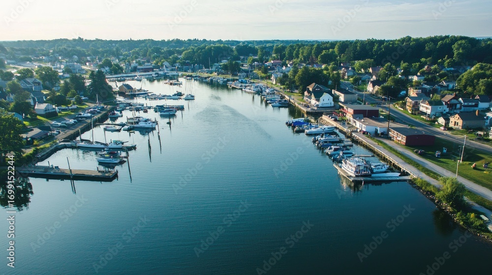Fototapeta premium A serene harbor with boats docked, surrounded by a small town with houses and trees.