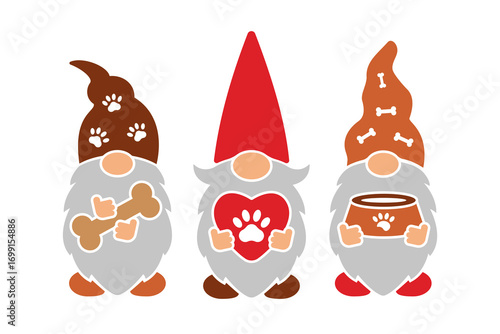 Vector gnomes with dog bones and paws design. Cute print for pet lovers in flat style. Animal friendly funny illustration for t-shirts, banners, posters. Template for plotter cutting