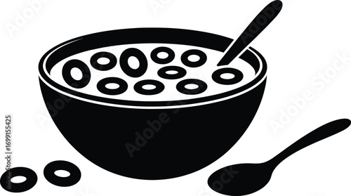 Black and white illustration of a bowl of cereal with a spoon
