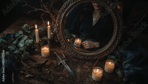 Dark mystical witchcraft still life with candles, mirror and ritual dagger