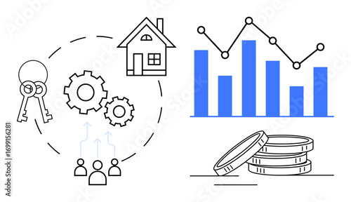 House, keys, gears, people, bar chart, coins, and dotted circle represent real estate, teamwork, finance growth strategy property management and analytics as a simple flat metaphor