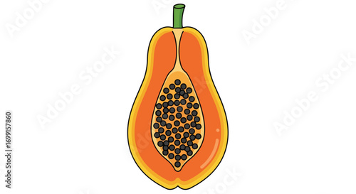 Bright papaya fruit illustration, a vibrant tropical delicacy with succulent orange pulp and glistening black seeds, showcasing natural organic