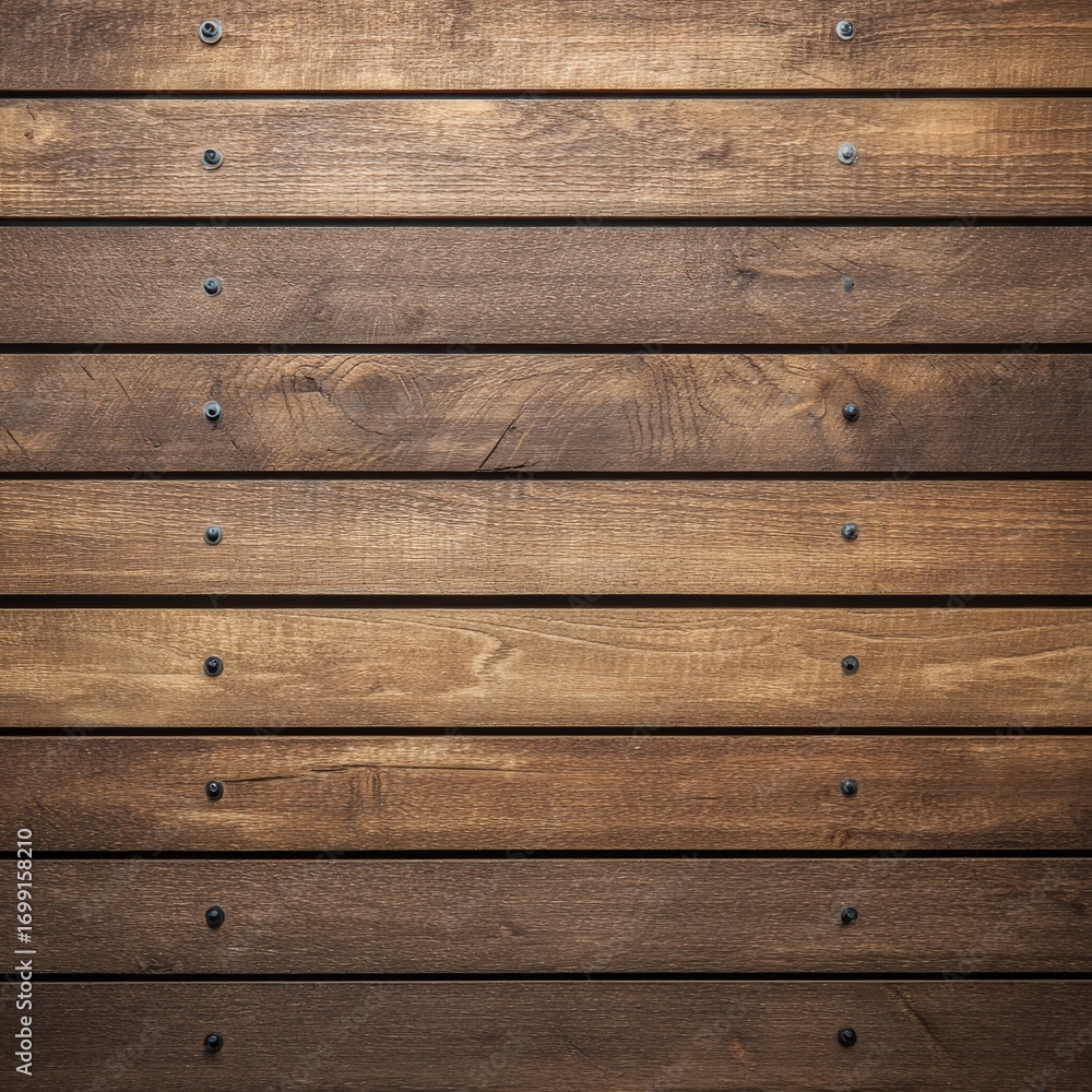 Obraz premium A detailed close-up view of horizontal wooden planks, showcasing a rich brown tone and evenly spaced, dark-colored fasteners.