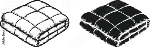 Hand drawn illustration of a folded quilted blanket in outline and silhouette