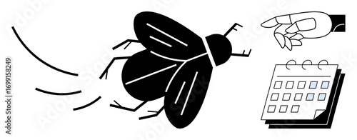 Black fly in movement beside pointing hand and calendar. Ideal for productivity, focus, deadlines, time management, distraction, goal planning, punctuality. Simple flat metaphor