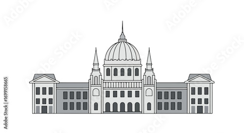 Simplified architectural design of a stately building, embodying civic grandeur and structural symmetry in a monochrome palette with a prominent dome