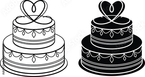 Elegant three tier wedding cake with heart topper in outline and silhouette