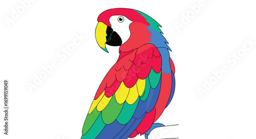 Vibrant macaw illustration with striking plumage in multiple colors over a clear white backdrop showing vivid detail and clarity
