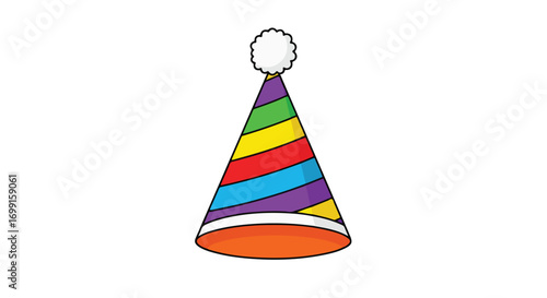 Festive striped party hat with fluffy pompom, colorful celebration accessory for joyful occasions and special events cartoon drawing illustration