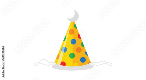 Festive conical headwear adorned with multicolored polka dots against a plain background, symbol of celebration and cheerful gatherings concept