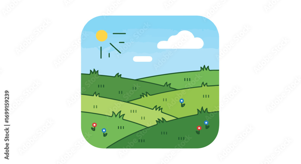 Fototapeta premium Stylized Landscape Icon with Rolling Green Hills, Flowers, Sunny Sky and a Fluffy Cloud for Interface Design
