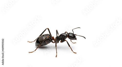 Macro shot of a black garden ant on a white background. Insect pest with space for text for nature, science, or pest control concept.