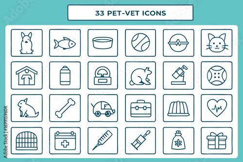 Set of 33 hand drawn line icons for pets and veterinary care animal