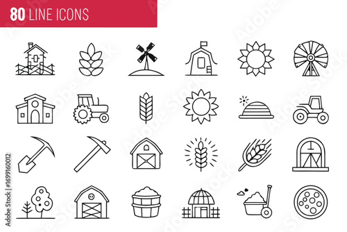 Collection of 80 black and white line icons depicting farming and agriculture elements rural harvest