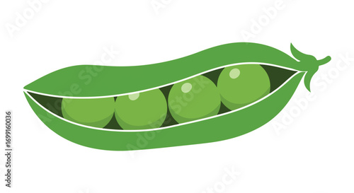 A digitally rendered illustration featuring a vibrant green pea pod filled with four equally green peas, set against a clean white background