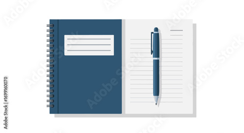 Blue notebook with spiral binding and a stylish pen on lined paper illustration, perfect for study and work supplies illustration