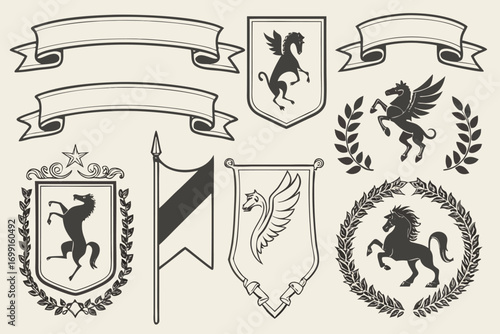 Collection of black and white heraldic emblems and banners with horses and mythical creatures heraldry