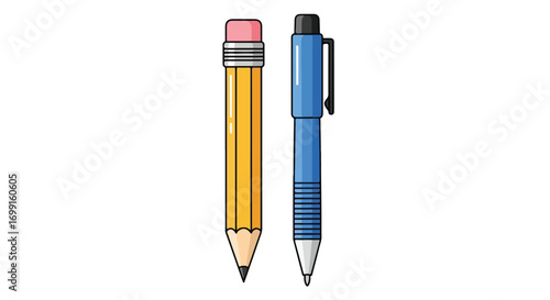 Illustration featuring a classic yellow pencil with eraser and a blue ballpoint pen for creative projects or educational resources