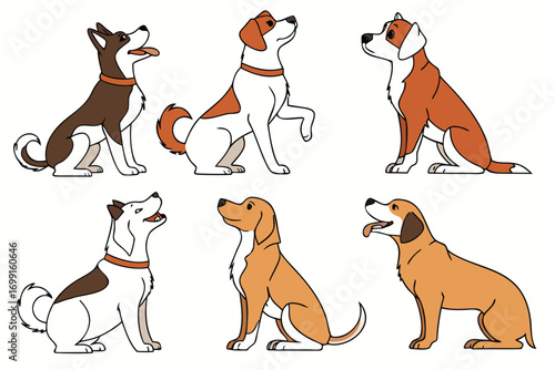 Six cartoon dogs in various poses and colors sitting and looking up canine puppy