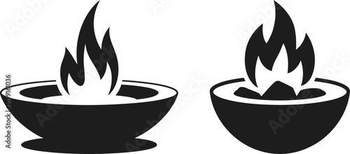 Two stylized black silhouette bowls with flames burning brightly