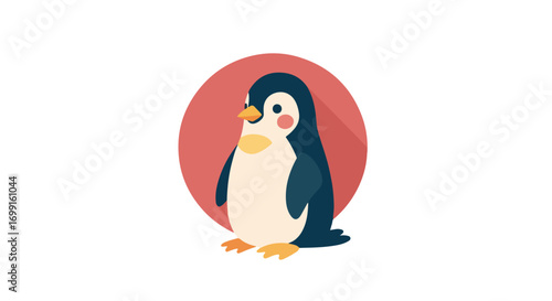 Whimsical penguin illustration with long shadow effect standing against circular background, cartoon-style rendering suitable for educational usage