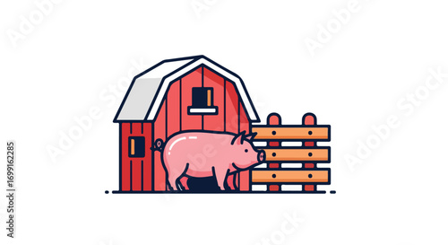 Charming cartoon depiction showcasing a plump pig beside a rustic red barn and wooden fence on a serene white background