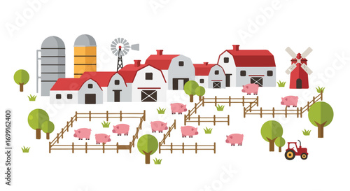 Delightful Farmscape with Cartoon Pigs Barns Silos and Windmills Embodying Rural Charm and Serene Countryside Living