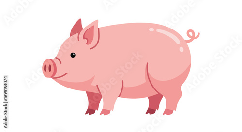 Delightful illustration showcasing a cheerful pink pig with a charming curled tail on a white backdrop, perfect for children's books and educational