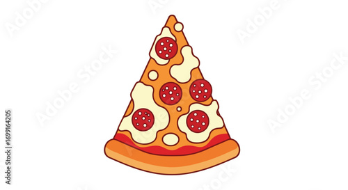 Stylized Pepperoni Pizza Slice Illustration with Melting Cheese and Toppings against a White Backdrop
