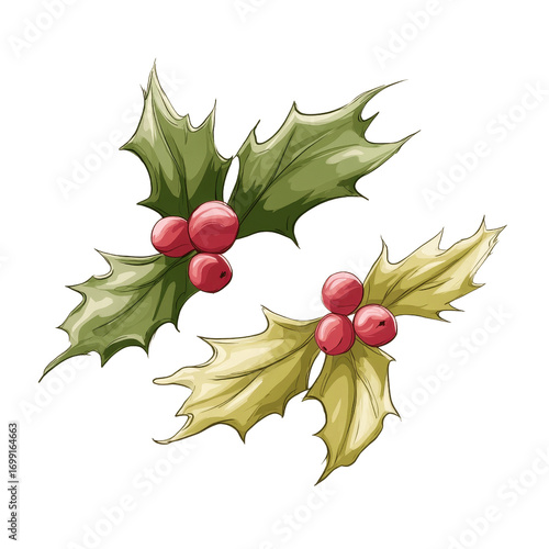 Hand-drawn Holly Sprigs with Berries Festive Botanical Illustration